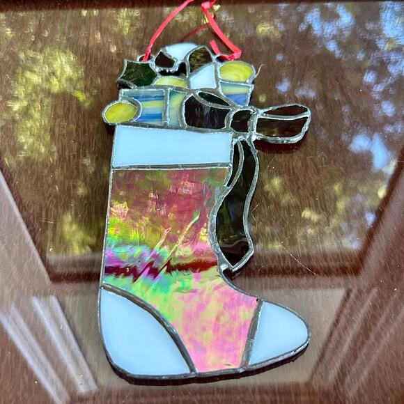 Vintage Stained Glass Christmas Stocking – 9” Iridescent Holiday Suncatcher - Picture 9 of 12